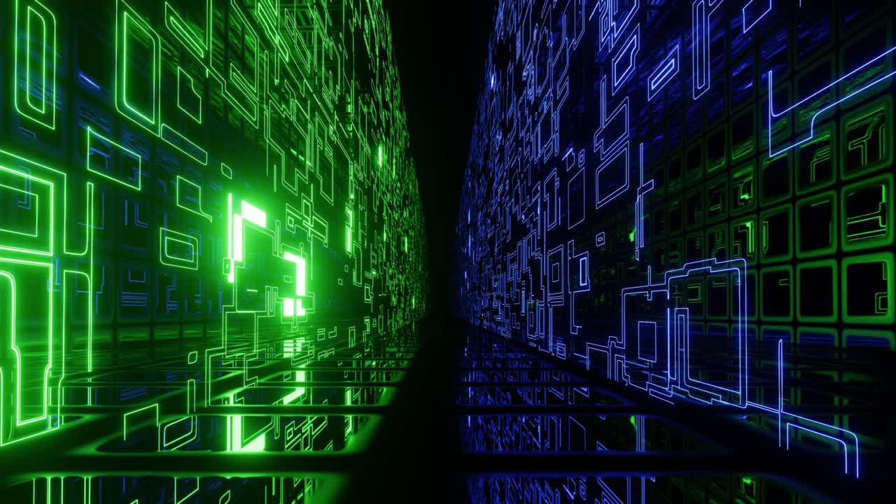 Hi-tech neon sci-fi tunel. Neon pattern hi tech technology. Trendy neon glow lines form pattern and construction in mirror tunnel. Fly through technology cyberspace. 3d looped 4k bright youth bg.