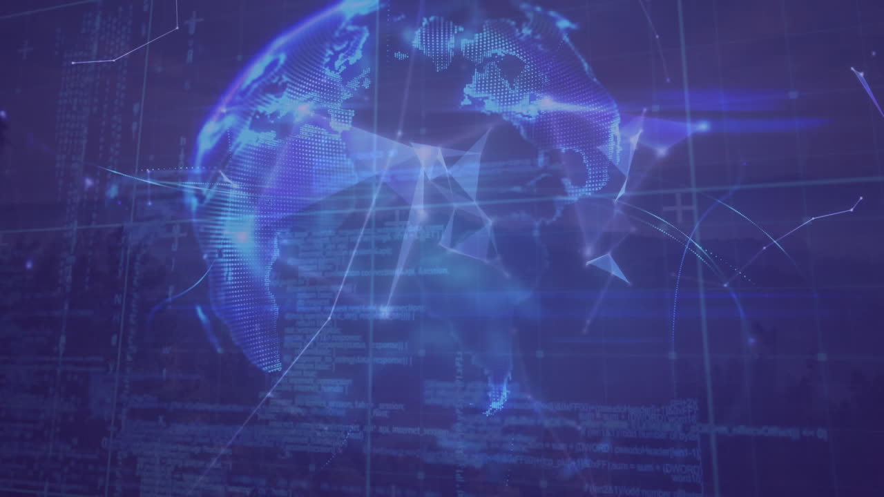 Animation of financial data processing and globe on blue background