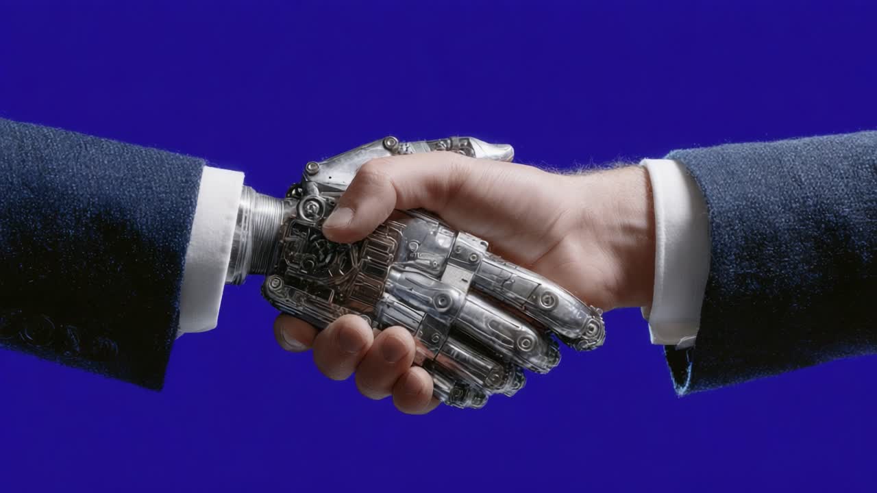 The Future of Collaboration: A Human Hand Shakes a Robotic Arm Symbolizing Unity Between Humanity and Technology in a Modern Era