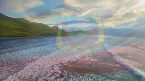animación de la bandera de ecuador ondeando sobre el paisaje de la playa