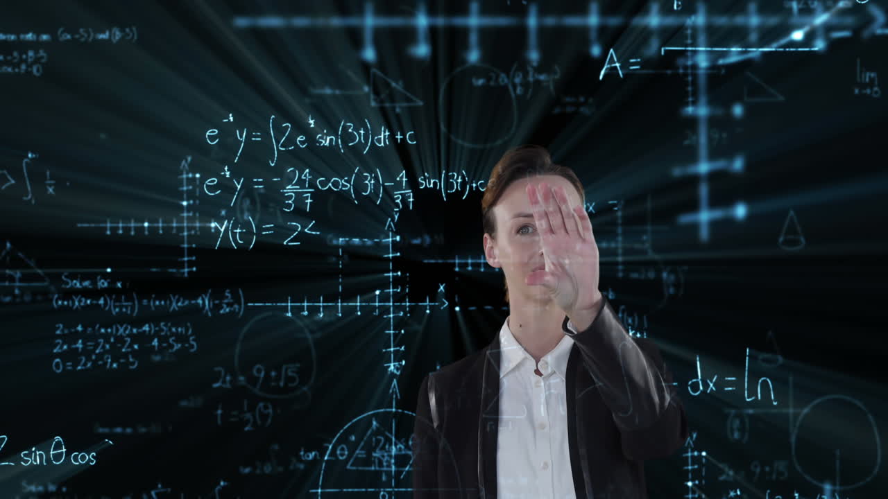 Animation of Caucasian woman touching screen with mathematics formulae on chalkboard floating in f