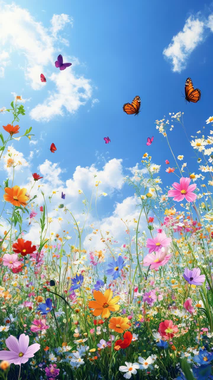 Vibrant wildflower meadow with butterflies under a bright blue sky