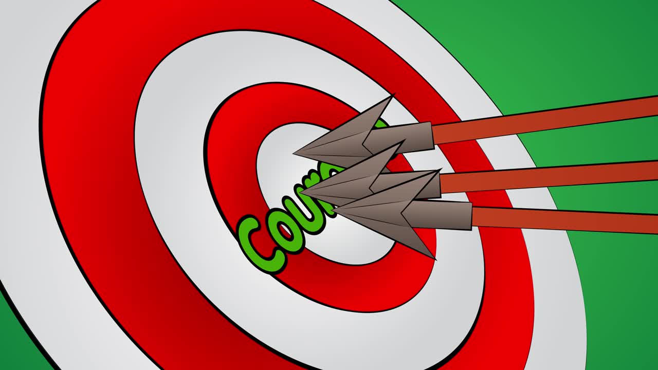 화살표는 용기라는 텍스트로 황소의 눈을 습니다.