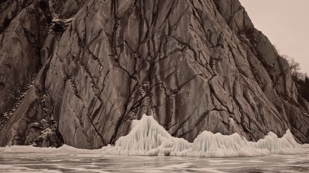 Rugged Mountain and Jagged Ice Formations on a Frozen Lake