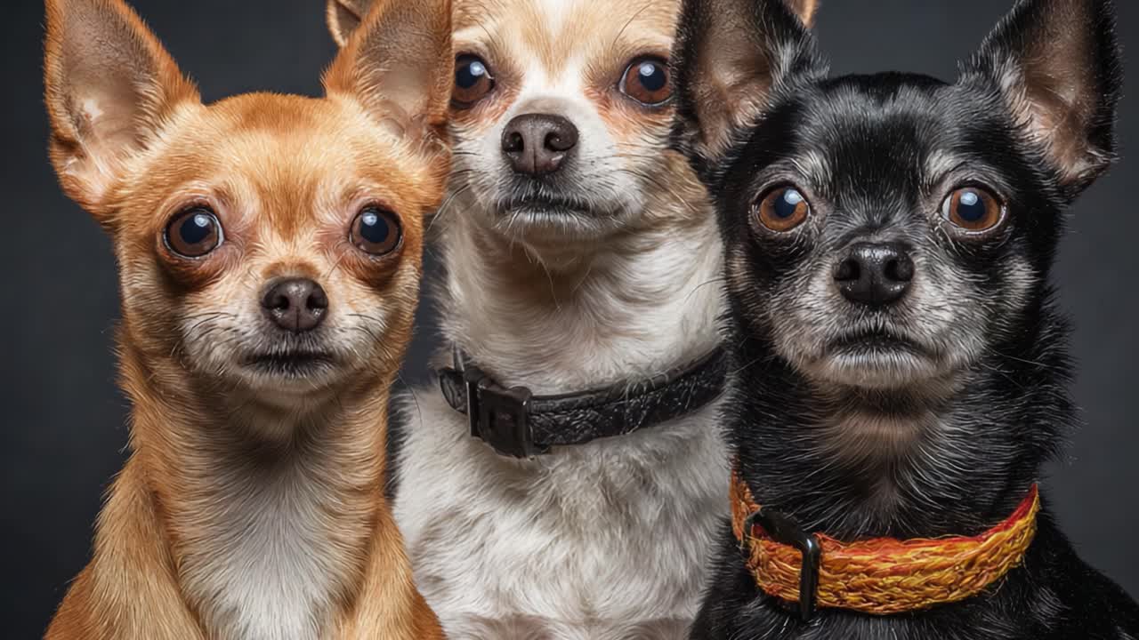 A Stunning Trio of Chihuahuas Posing Together in a Studio Setting, Showcasing Their Unique Colors, Expressions, and Adorable Features with a Dark Background
