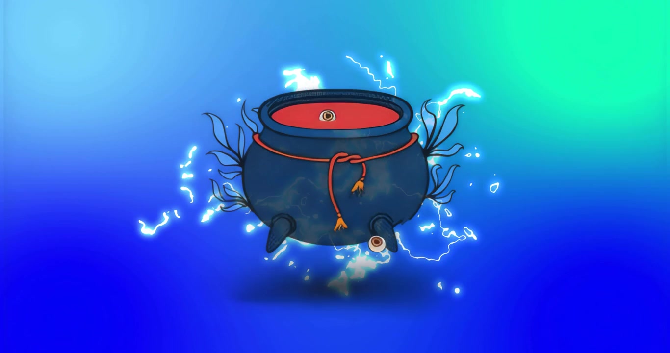Kuali biru tua memancarkan percikan biru-putih melengkung setelah mata merah berdenyut, menunjukkan energi magis.