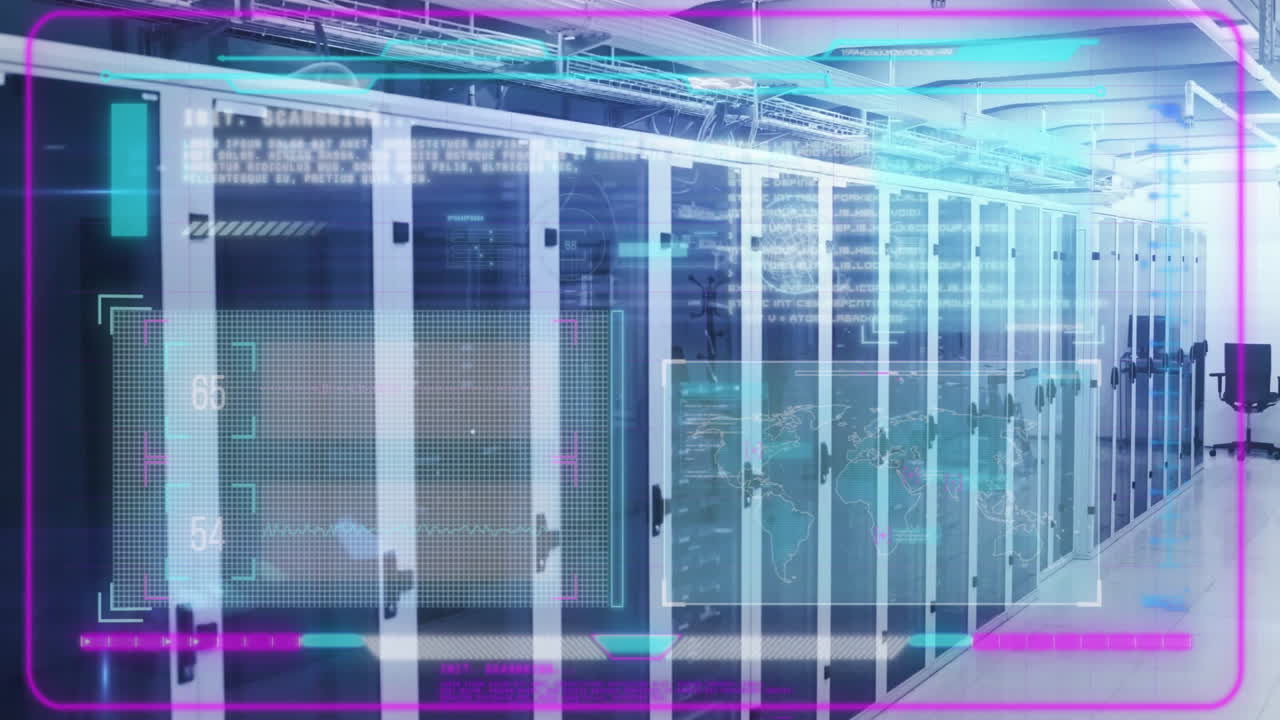 Processing data over servers in data center, animation showing activity