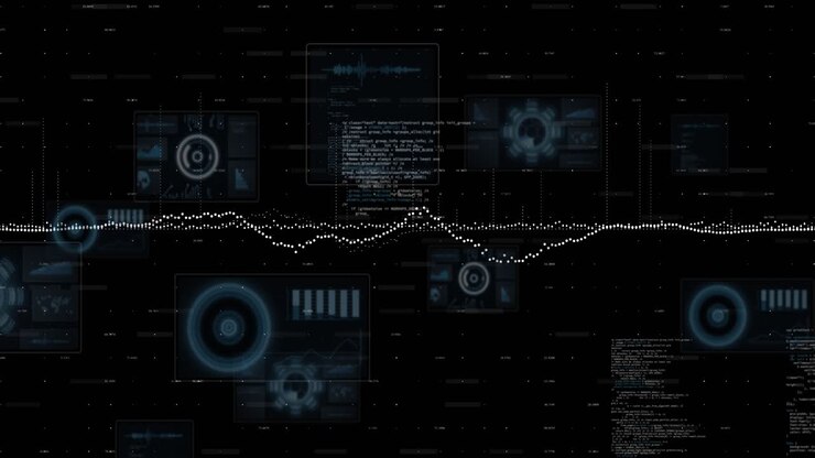 Data pulse starting white dotted waveform rising, HUD panels appearing, showing live data