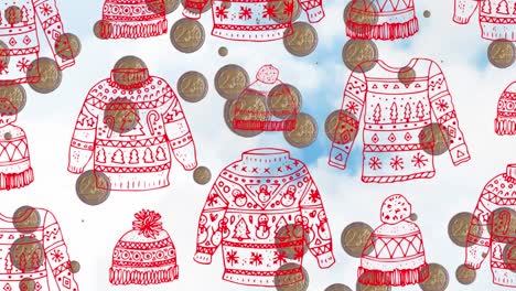 Animation-of-looping-coins-and-red-sweaters-with-beanie-caps-against-cloudy-sky