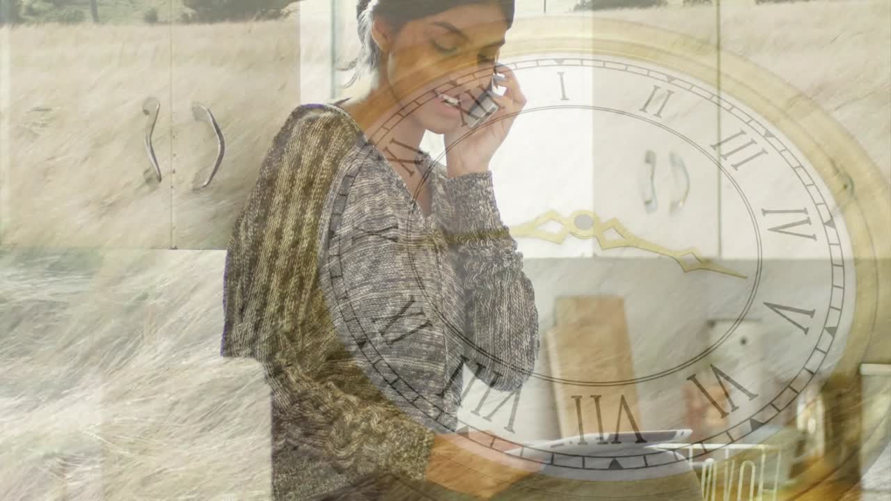 Phone ringing, woman with tablet answering phone, clock face overlay spinning during remote work