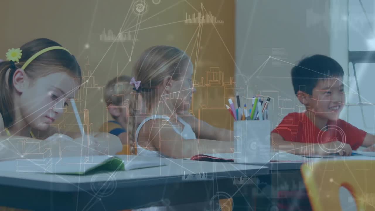 animación de la red de conexiones sobre una chica caucásica susurrando al oído de un chico asiático en la escuela