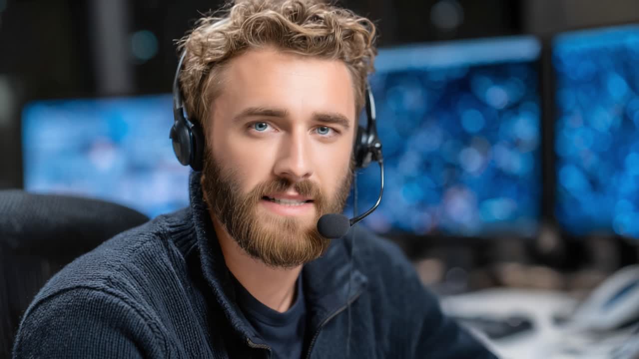 Focused Communication: A Young Man in a Headset Engaging with Advanced Technology While Overseeing Multiple Monitors in a Control Room Environment