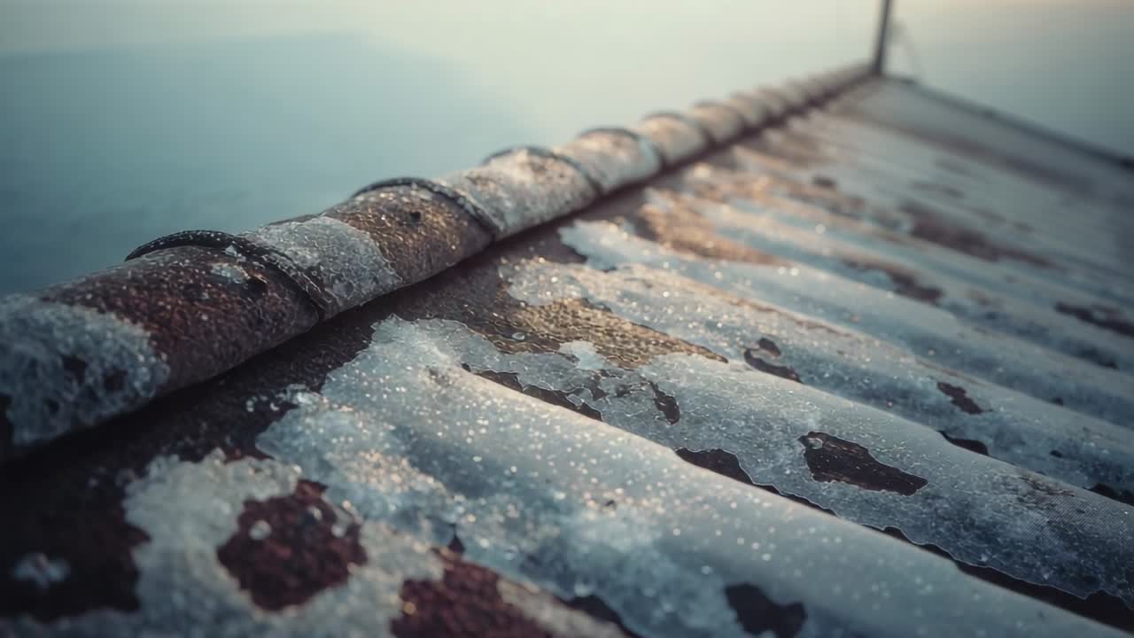 Frosty corrugated metal roof ridge receiving sunlight, thawing into droplets on rooftop at sunrise