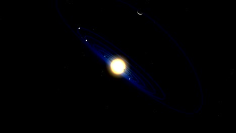 siete planetas orbitan una estrella parecida al sol en esta animación de un sistema de exoplanetas similar a nuestro propio sistema solar.