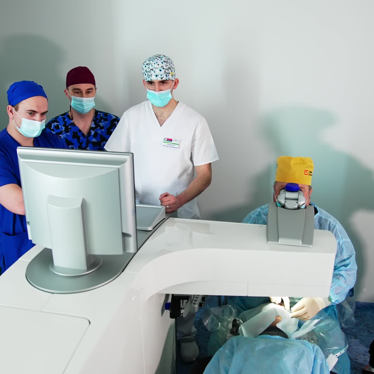 Especialistas médicos profesionales trabajando con equipos correctivos láser. Especialistas en corrección ocular con láser con mascarillas