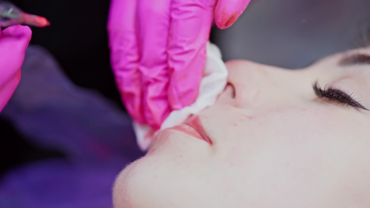 Procedure of lip tattooing. Skilled cosmetologist doing lips permanent make-up for female client. Beauty concept. Close-up.