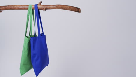 video de bolsas de lona verdes y azules colgando de la rama con espacio de copia sobre fondo blanco