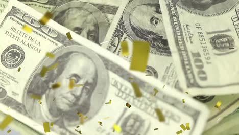 animation of confetti falling on spinning american dollar bills in background