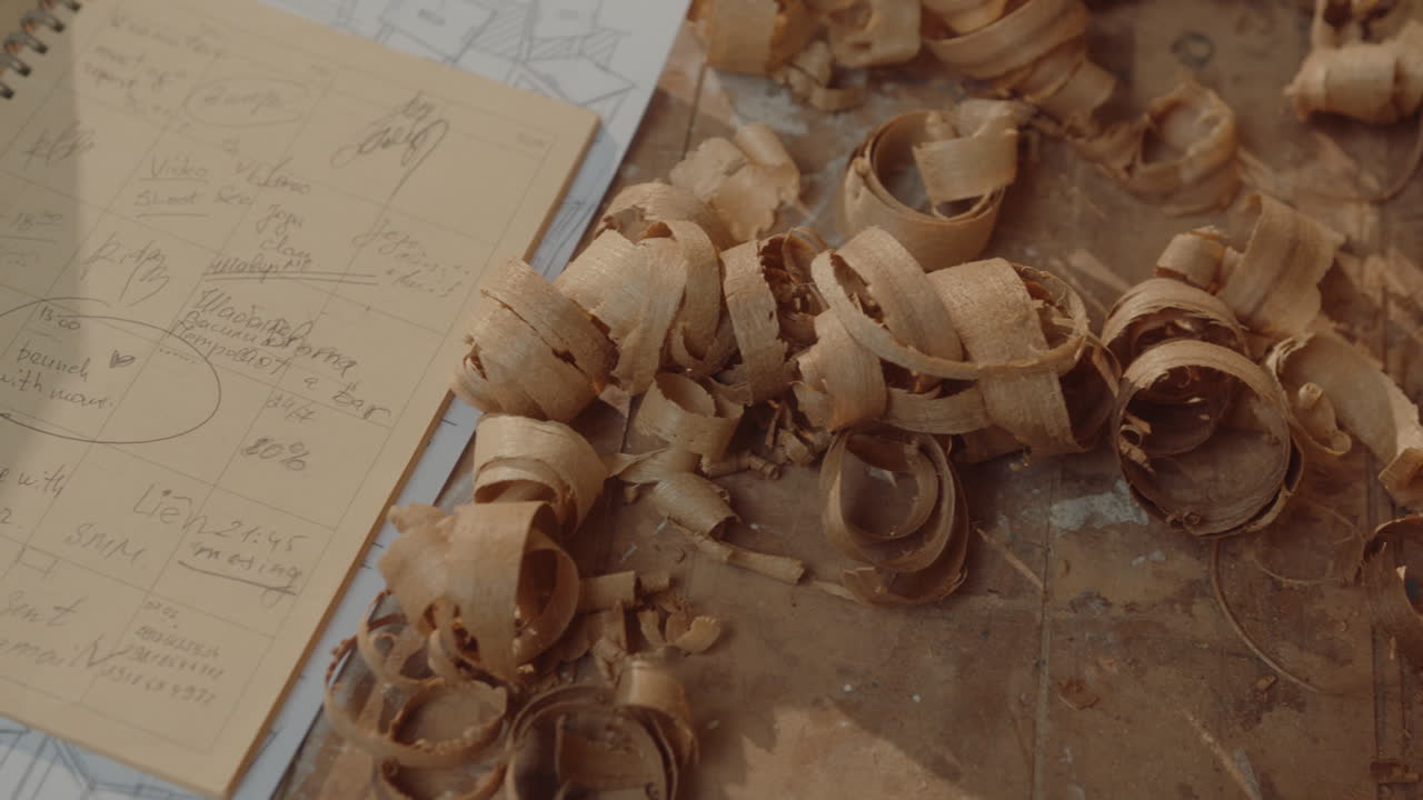 Wood Shavings and Furniture Sketches on Workbench