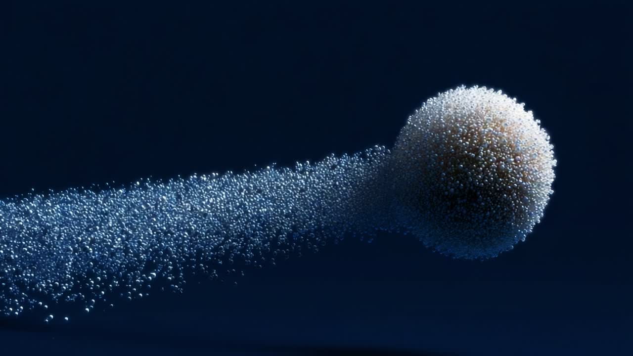 A mesmerizing visual of a spherical object emitting a stream of shimmering particles, creating a captivating effect of motion and depth against a dark backdrop