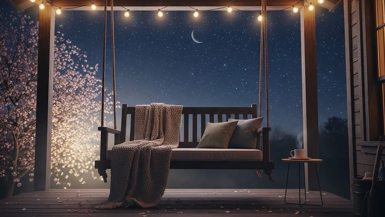 A Tranquil Evening on a Cozy Porch, Bathed in Moonlight and Twinkling Stars, Inviting Relaxation with a Soft Blanket and a Warm Drink