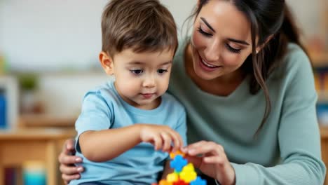 Young boy and woman are joyfully interacting while playing with colorful building blocks, showcasing a nurturing environment filled with warmth and creativity, emphasizing the bond between them