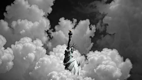 monumental statue rising through billowing dark clouds, casting dramatic silhouette against stormy skyline with powerful symbolic presence and majestic atmospheric essence