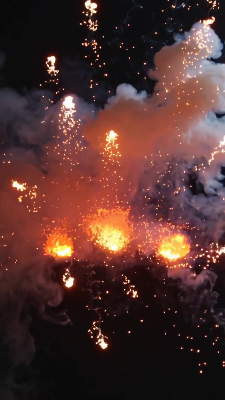 Vertical video: Igniting lower frame sparks creating three fireball bursts at night, sending smoke