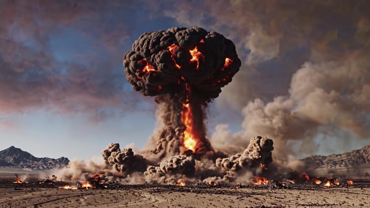 Una drammatica rappresentazione di forze esplosive scatenate in un paesaggio desertico, che cattura la potenza grezza e il caos della detonazione, dall'esplosione iniziale alla devastante nuvola a fungo.