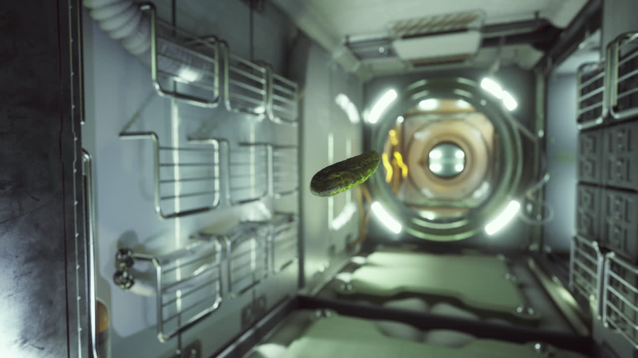 Cucumber floats in a spacecraft corridor during a cooking experiment