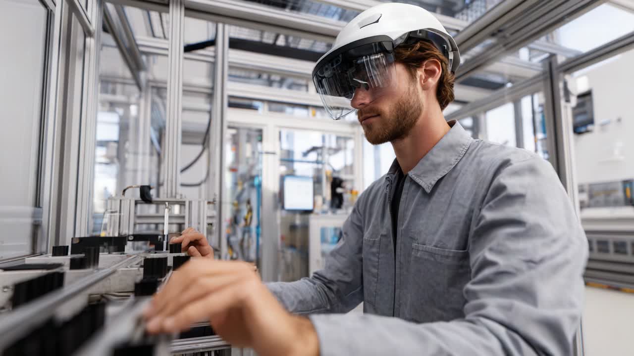 A focused individual wearing a protective helmet and eyewear is engaged in technical work within a contemporary workspace, demonstrating precision and attention to detail in a well-equipped environment