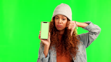 Green-screen,-thumbs-down-and-woman-face