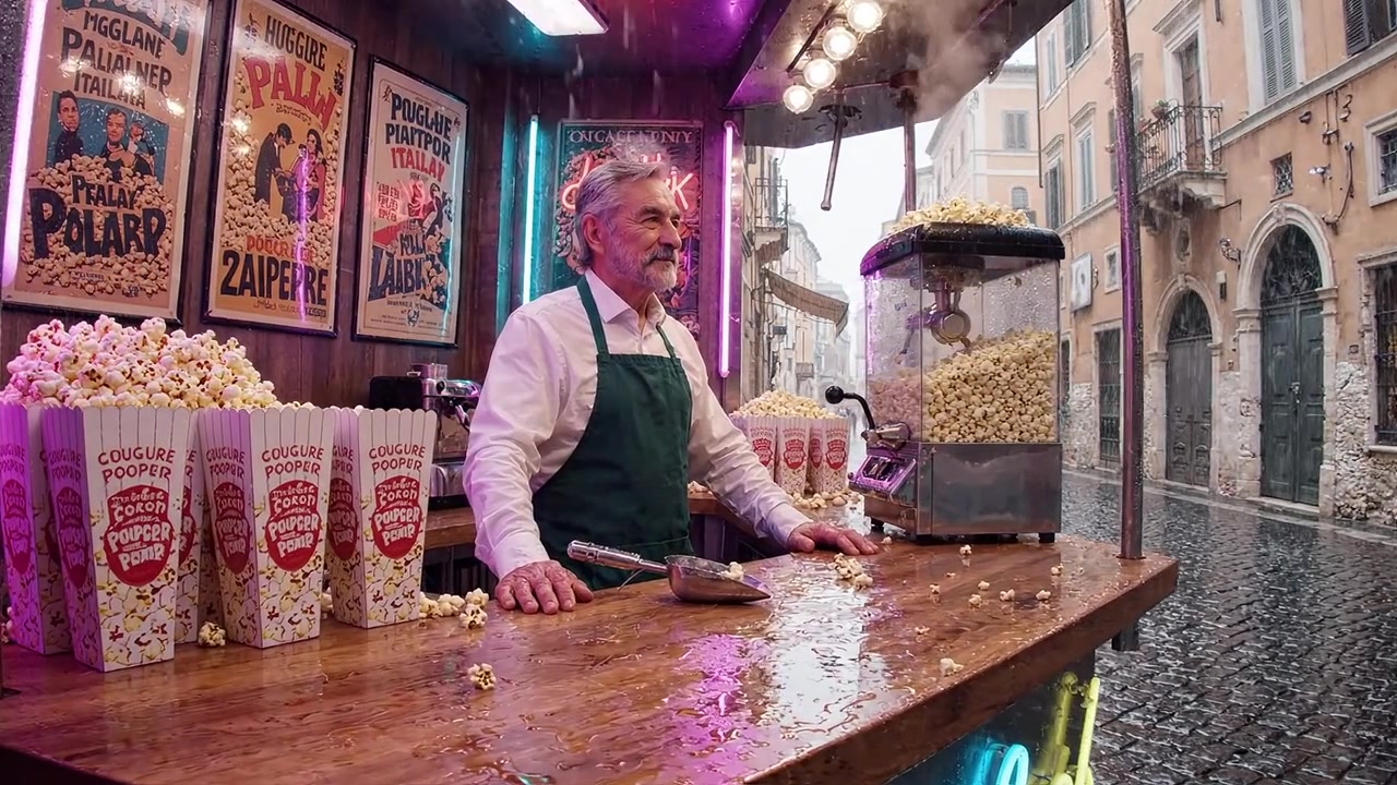 Venditore di popcorn allegro e sorridente in una vivace scena di strada con tempo piovoso e insegne colorate, che serve popcorn freschi in un'atmosfera storica italiana.