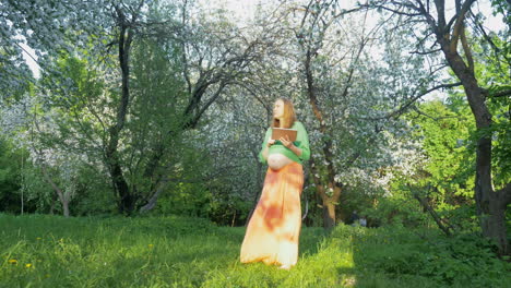 Pregnant-woman-with-tablet-PC-walking-in-bloomy-park