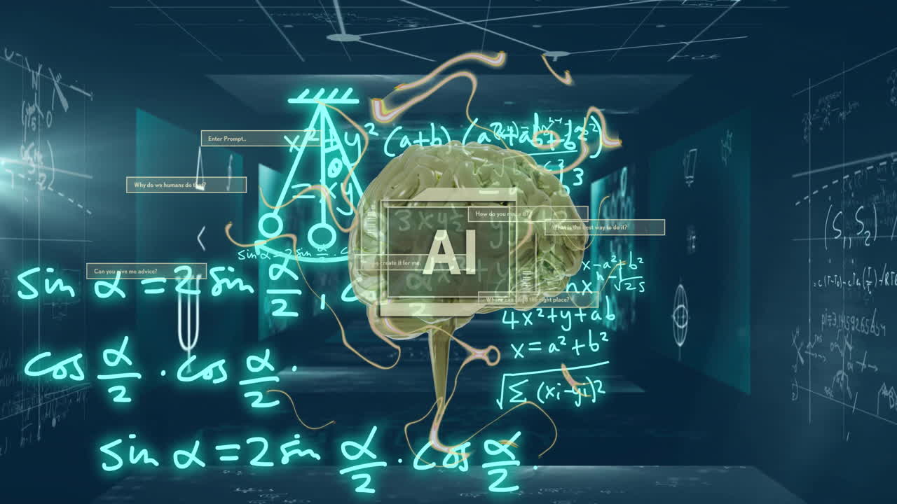 ai y ecuaciones matemáticas animación sobre el cerebro humano en la habitación futurista