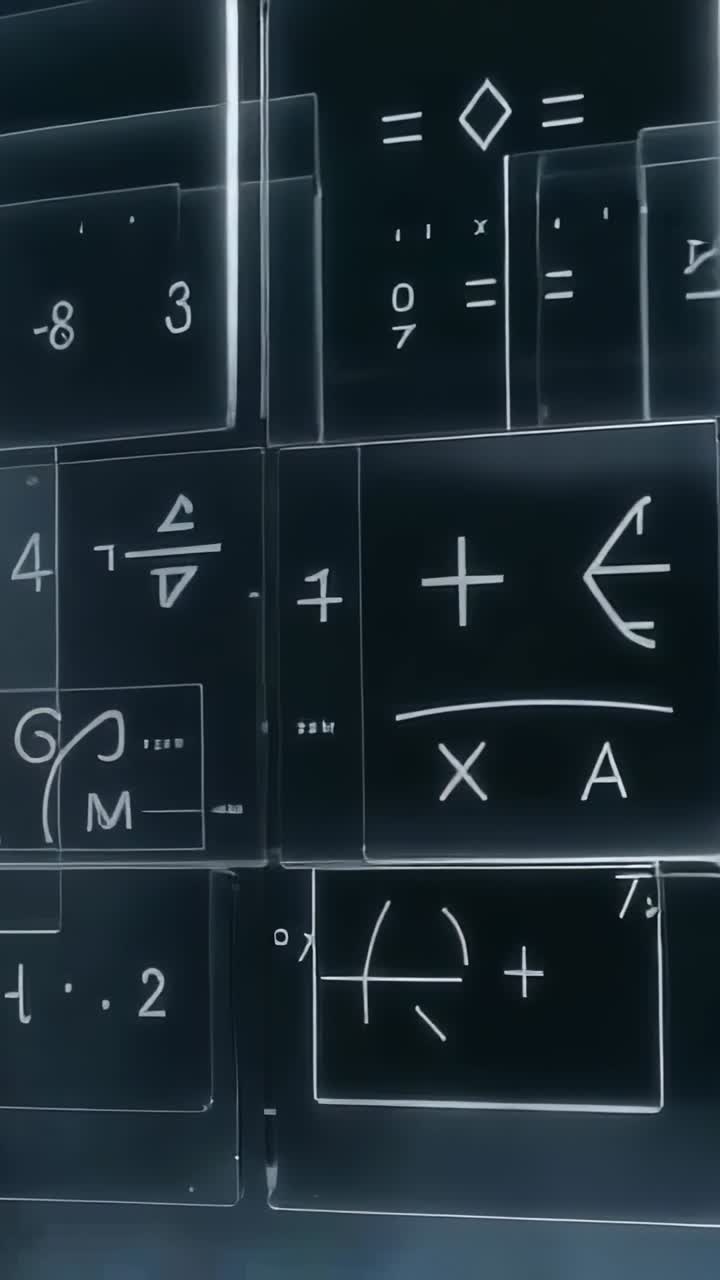 Vertical video: Playback starting translucent panels sliding in space displaying math symbols