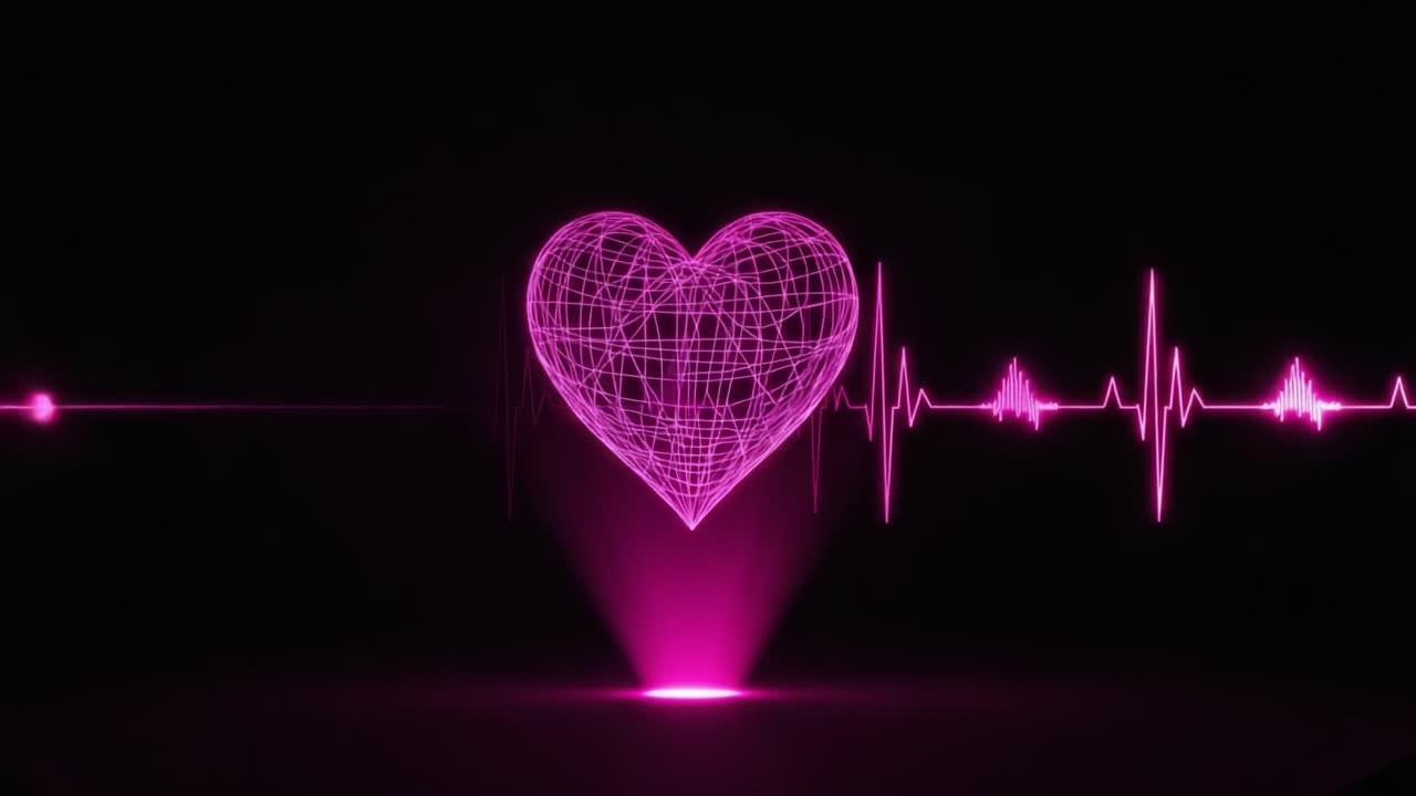 A Stunning Visual Representation of a Heartbeat: A Pink Neon Heart Pulsating with Energy, Surrounded by an EKG Line, Capturing the Essence of Life and Love
