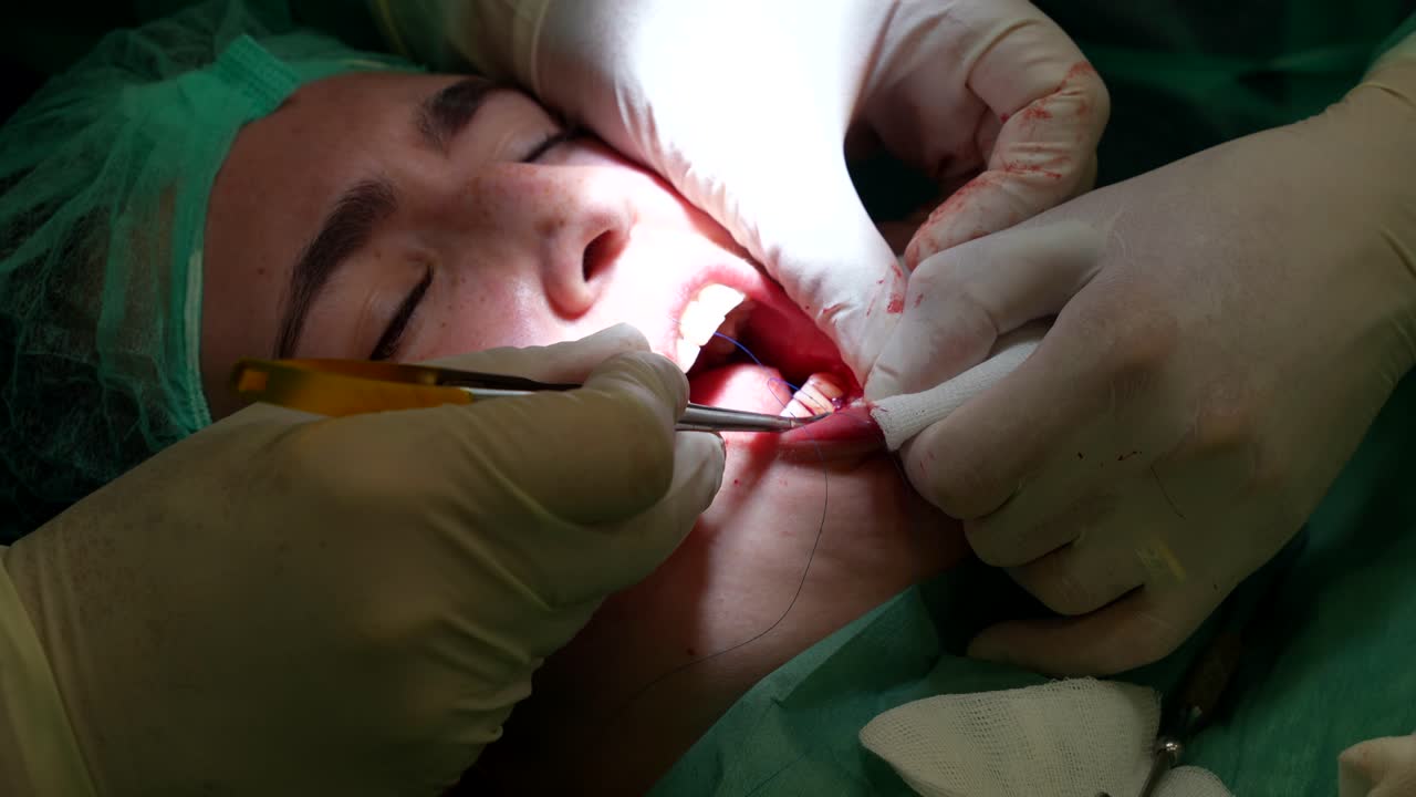 стоматологический хирург, выполняющий зашивание десен во время хирургической операции полости рта в подробном крупном плане для пациентки
