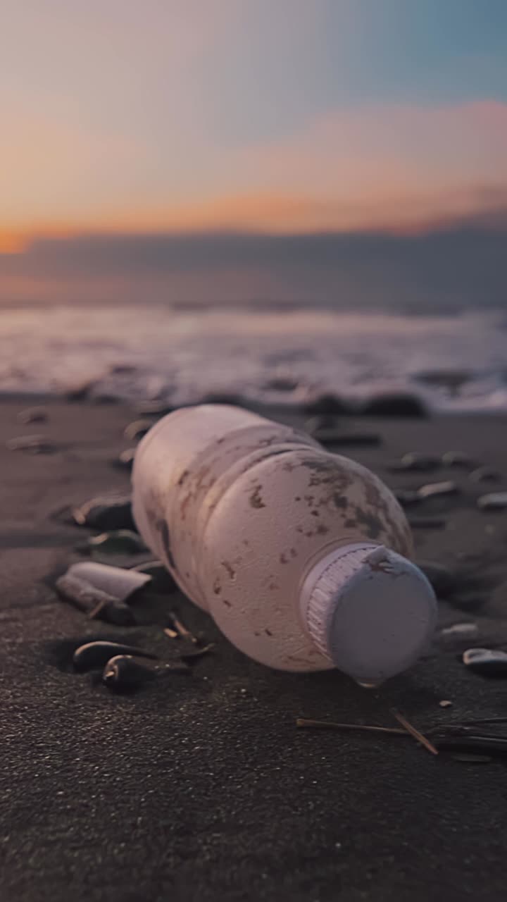 Bottiglia di plastica sporca giace sulla spiaggia e viene portata via dalle onde dell'oceano.