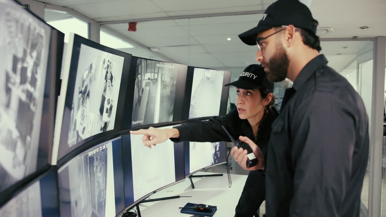 guardias de seguridad monitoreando cámaras en una sala de control