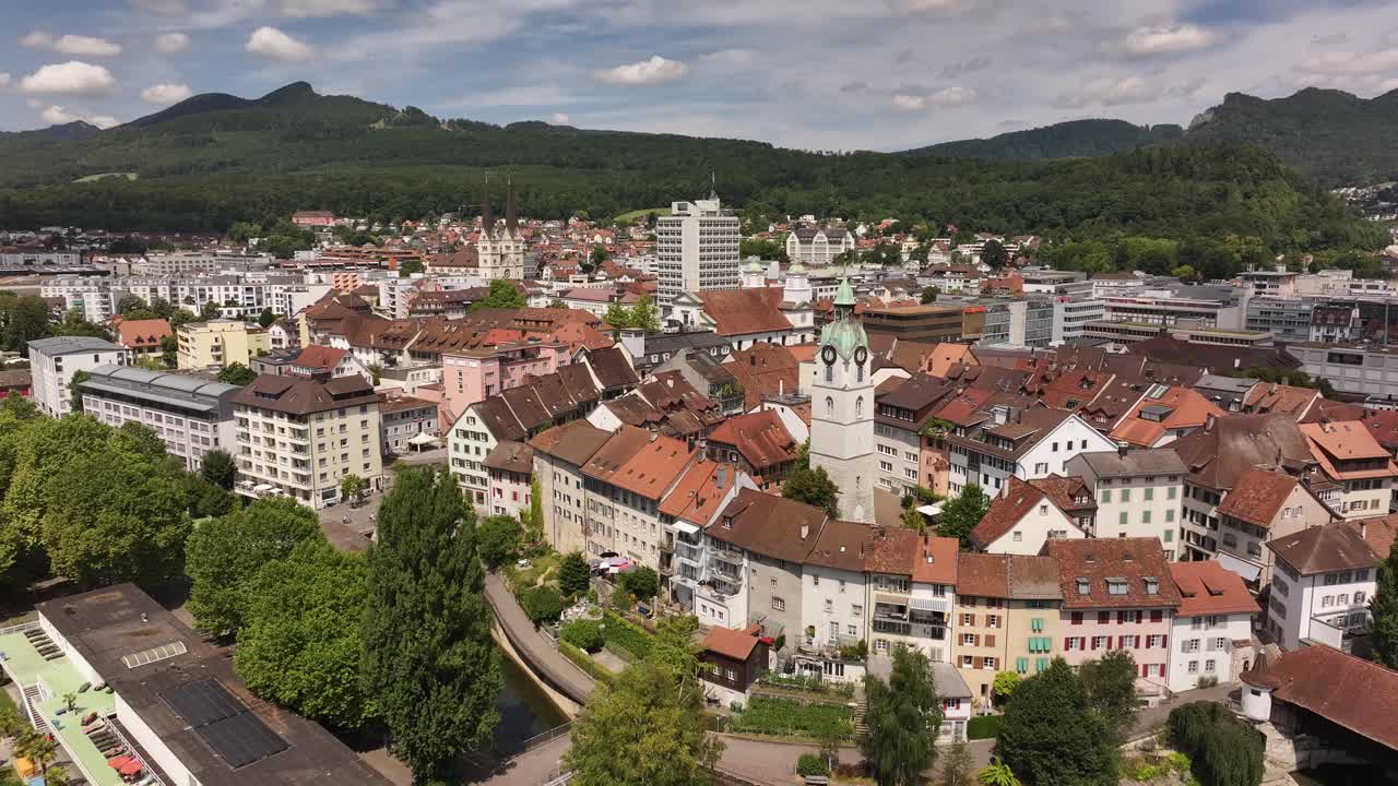 Aerial view of Olten, a city in Switzerland in the Canton of Solothurn. Historic houses with the Stadtturm tower