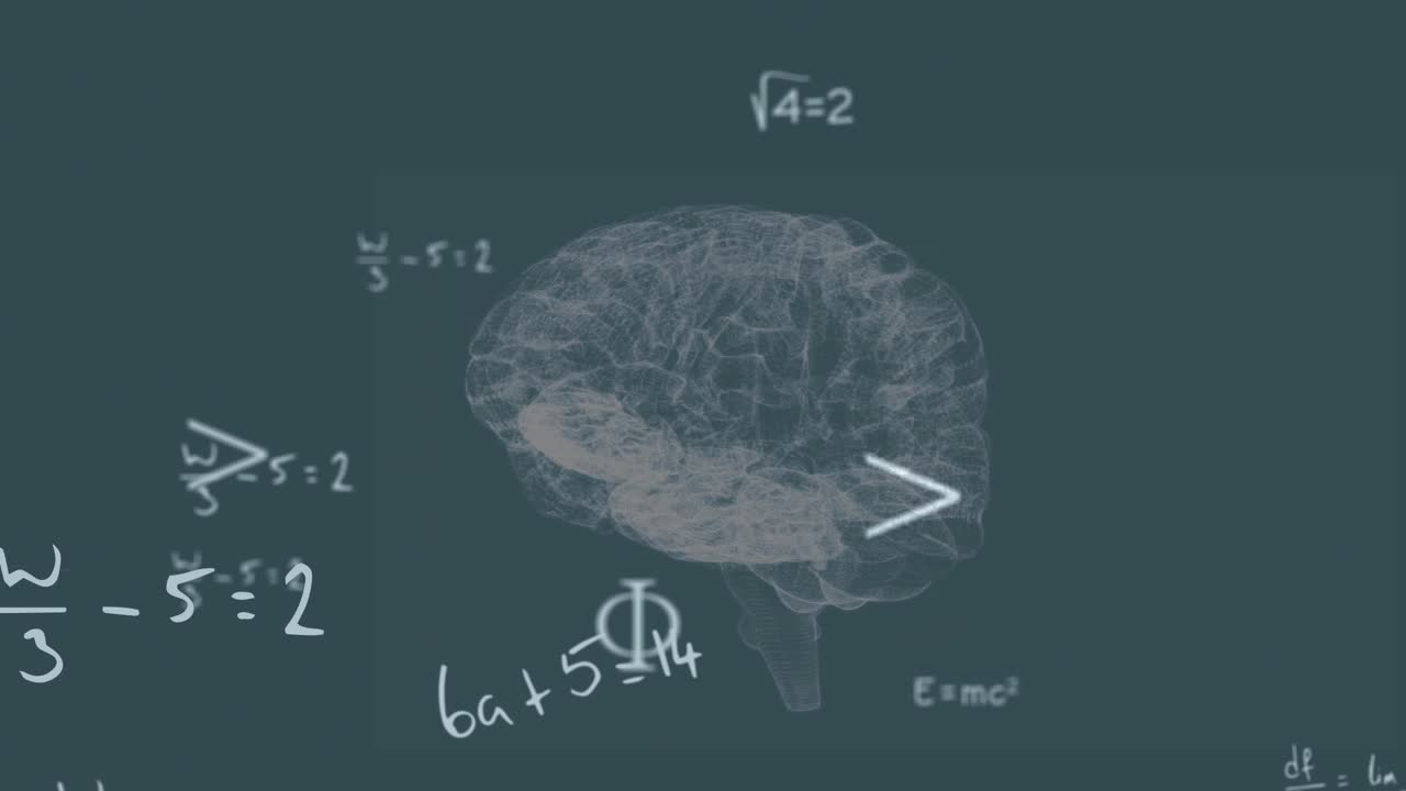Animazione di cervello rotante e formule matematiche su sfondo grigio
