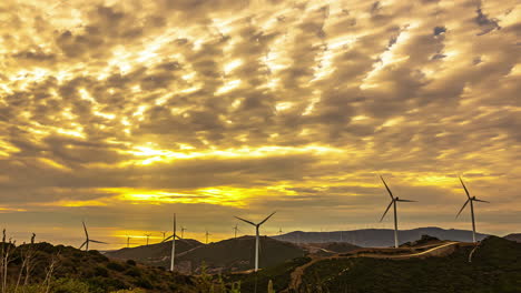 wind turbines on hilltop generating clean energy during golden hour