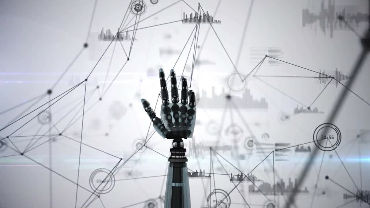 manos robóticas y gráficos conectados por líneas asimétricas