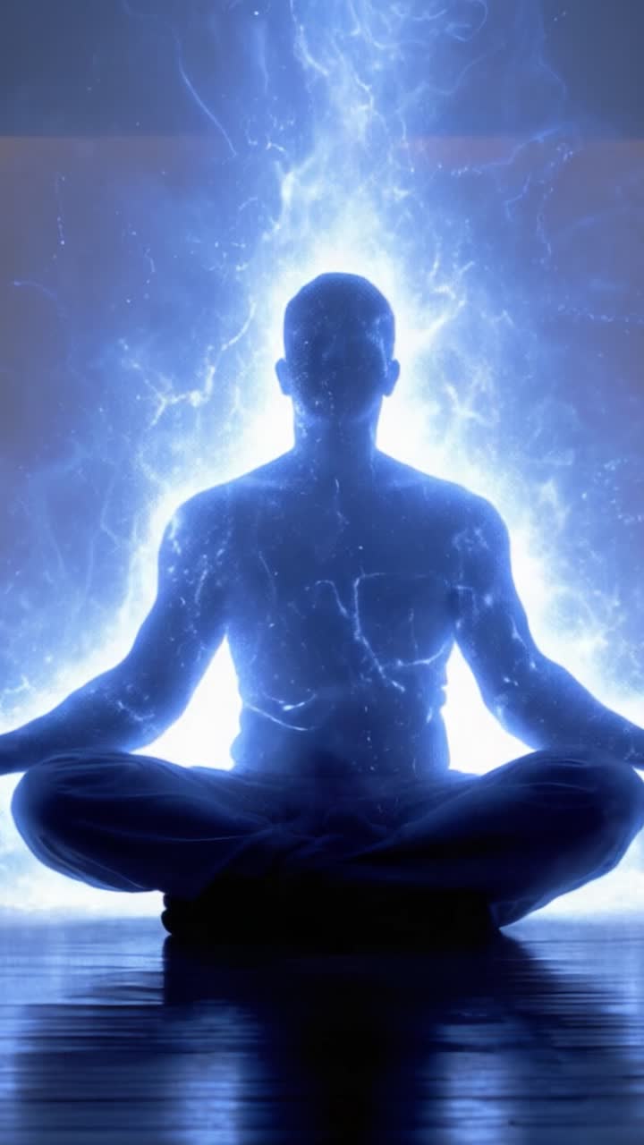Una silhouette meditativa irradia una luce eterea, simboleggiando la pace interiore e l'illuminazione, mentre l'energia scorre attorno a una figura tranquilla in un ambiente sereno.