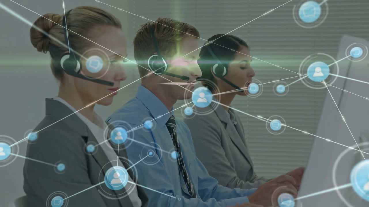 사무실에서 전화 헤드을 사용하여 다양한 동료를 통해 연결 네트워크의 애니메이션