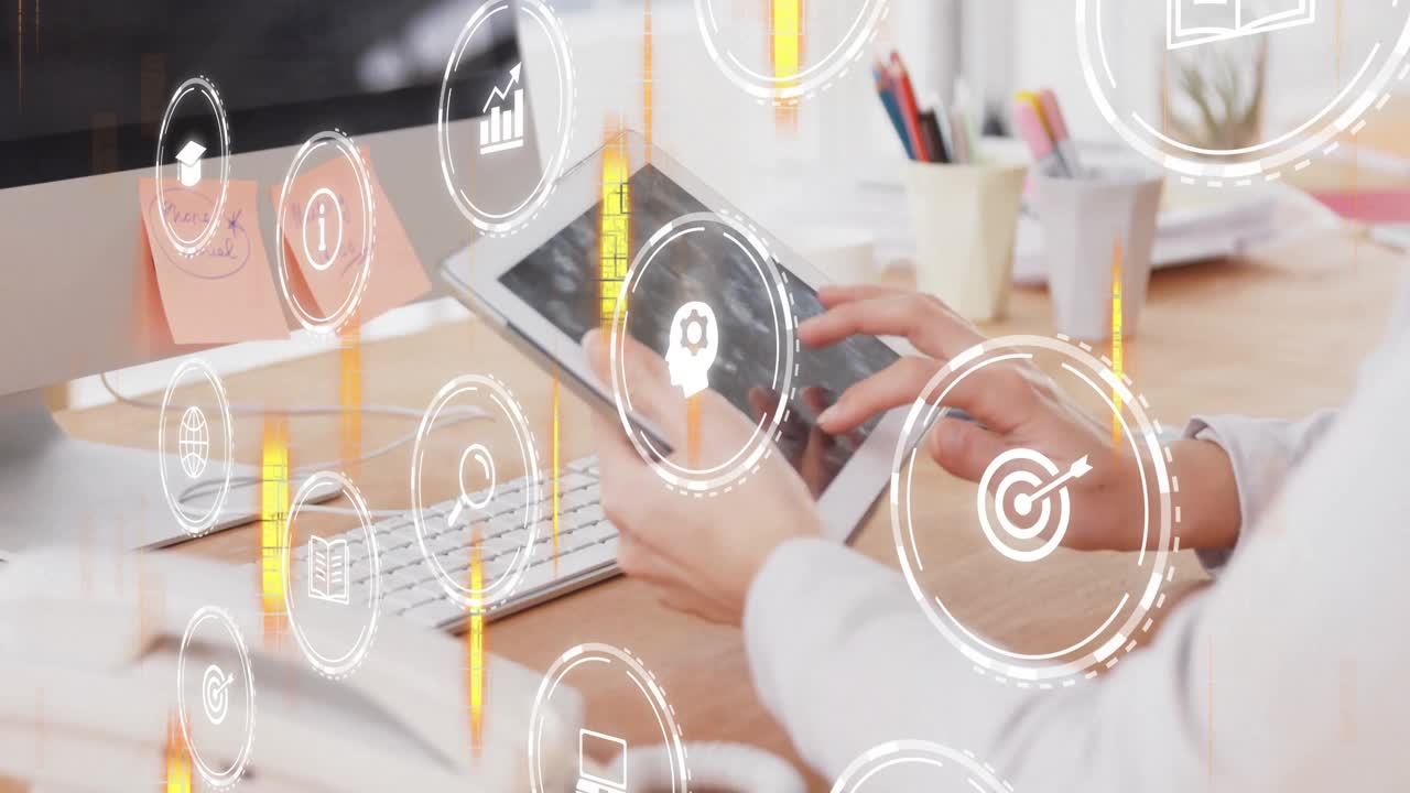 Office woman lifting tablet and tapping screen while icons floating showing education analytics