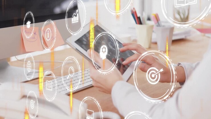 Office woman lifting tablet and tapping screen while icons floating showing education analytics