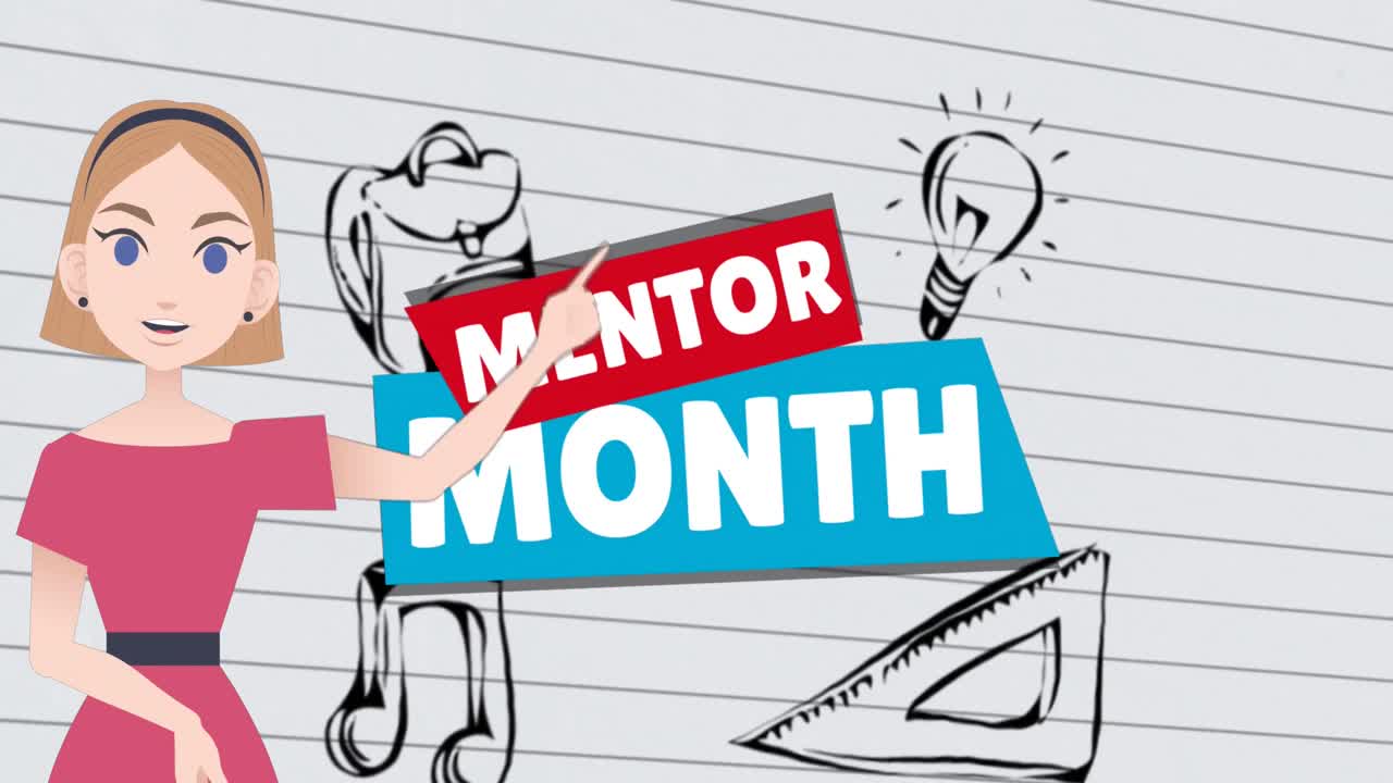 학교 그림과 멘토 월 텍스트를 통해 이야기하는 여성의 애니메이션