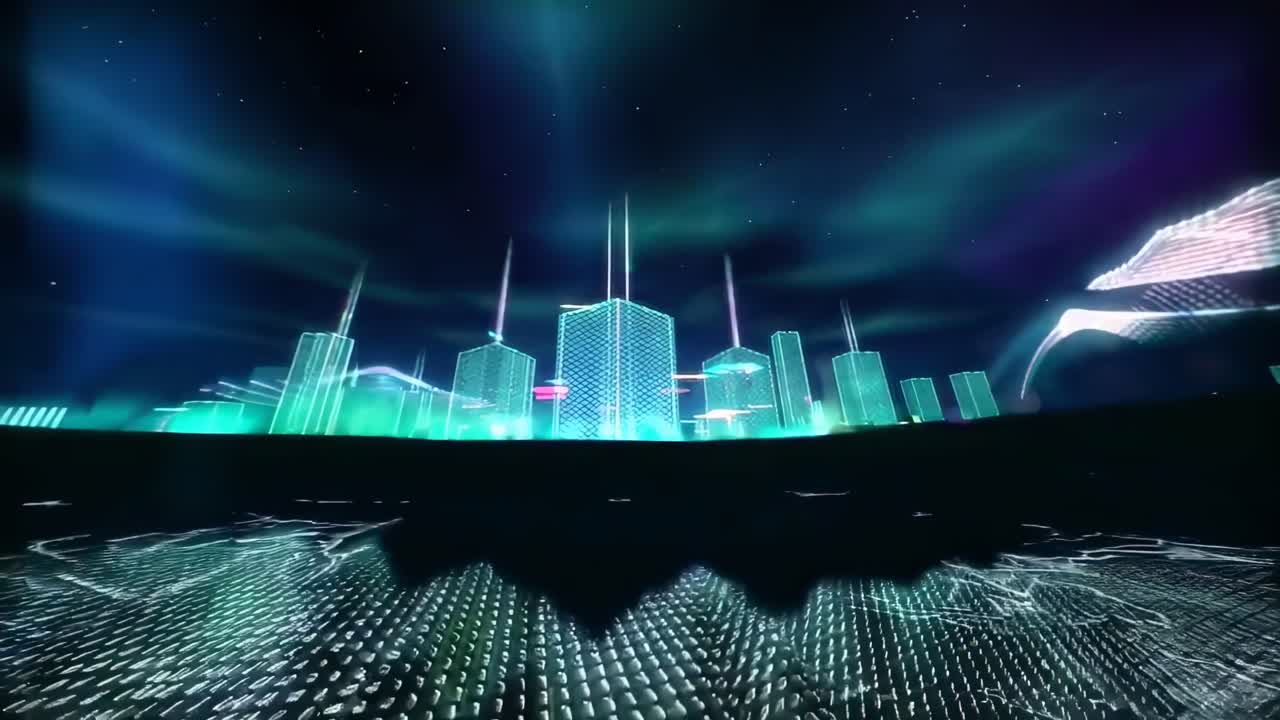 Futuristic video scene with a low-angle view of a digital cityscape and binary waves